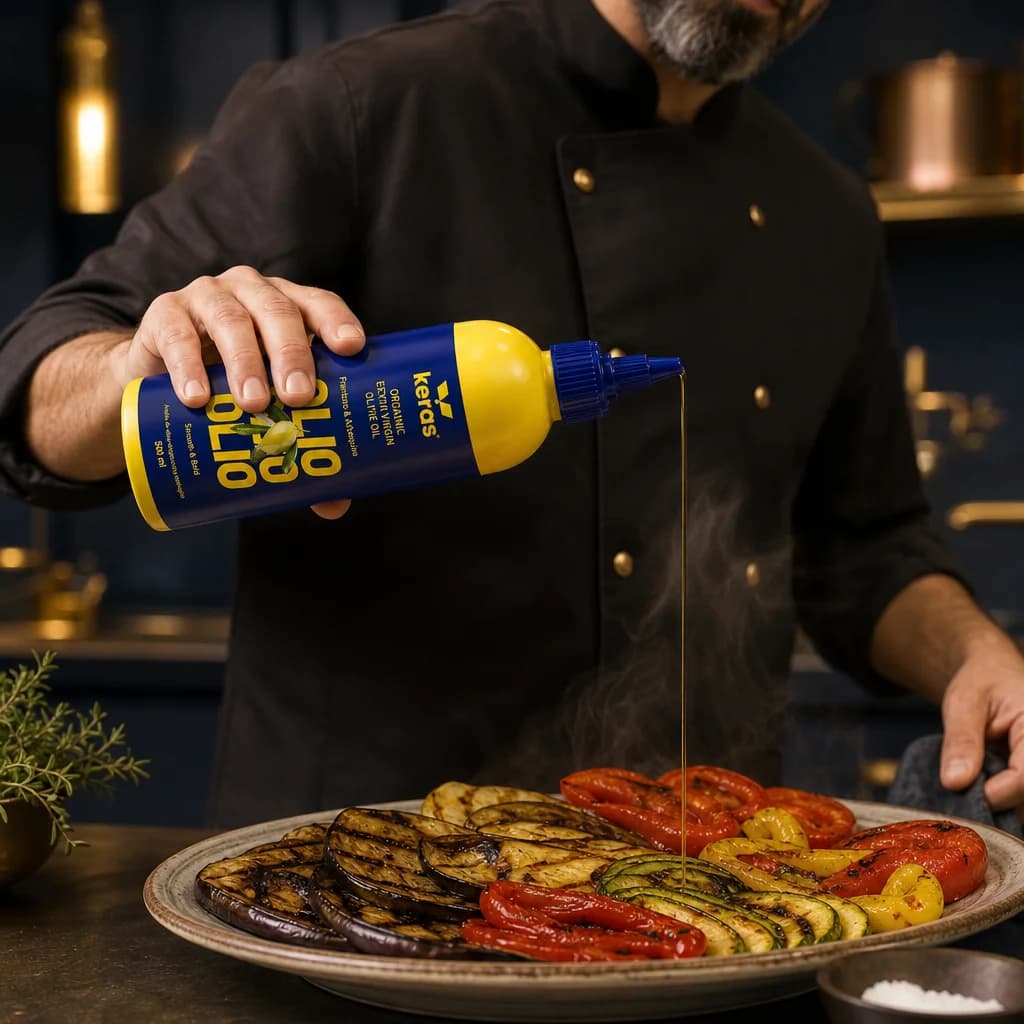 Botella Chef KERAS terminando un plato con aceite de oliva virgen extra ecológico